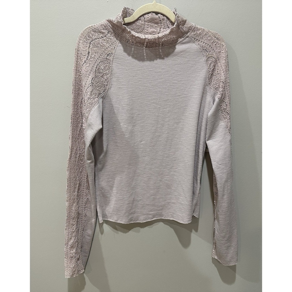 Free People Lace Thermal Top XL Mauve Mock Neck Long Sleeve Boho Stretch NWT